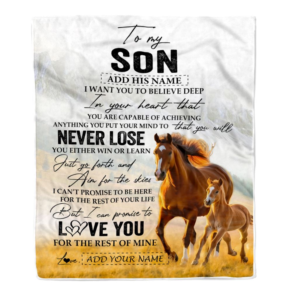 Personalized To My Son Blanket From Mom Dad Mother Father You Will Never Lose Horse Son Birthday Gifts Graduation Christmas Customized Fleece Throw Blanket | teecentury
