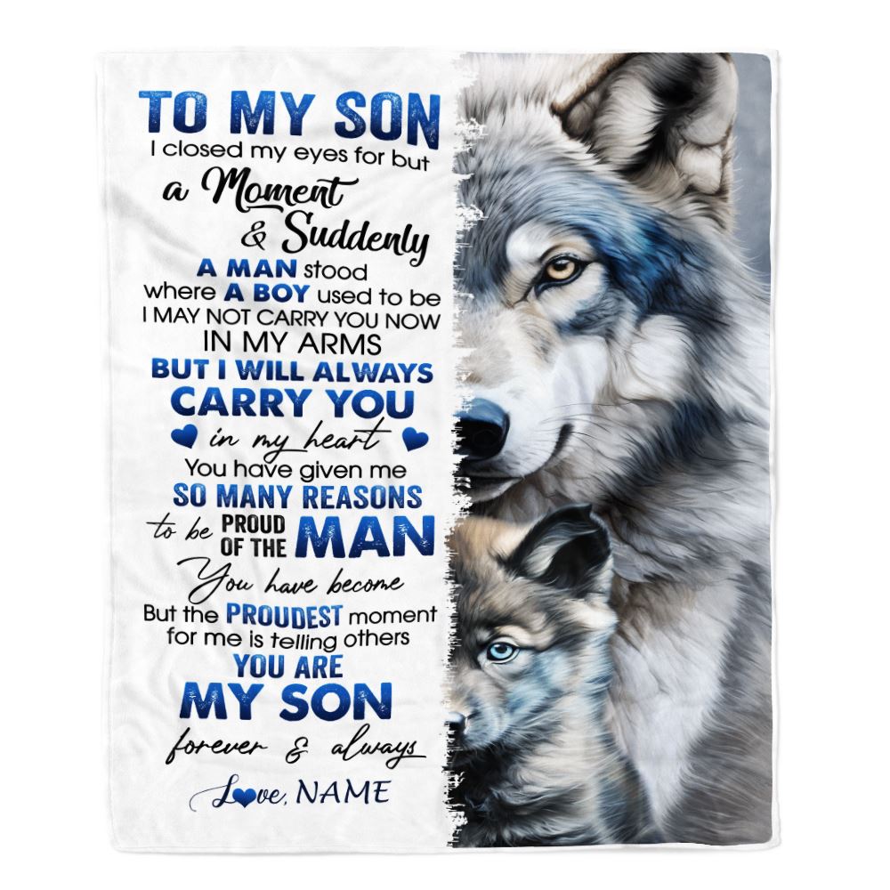 Personalized To My Son Blanket From Mom Dad Mother I Close My Eyes For But A Moment Wolf Son Birthday Graduation Christmas Customized Gift Fleece Blanket | teecentury