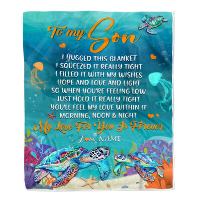 Personalized To My Son Blanket From Mom Dad Mother I Hugged This Blanket Turtle Beach Son Birthday Thanksgiving Christmas Customized Bed Fleece Blanket | teecentury