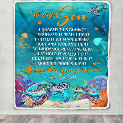 Personalized To My Son Blanket From Mom Dad Mother I Hugged This Blanket Turtle Beach Son Birthday Thanksgiving Christmas Customized Bed Fleece Blanket | teecentury