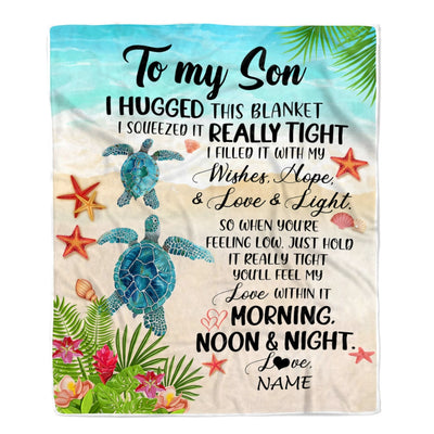 Personalized To My Son Blanket From Mom Dad Mother I Hugged This With Love Turtle Beach Son Birthday Graduation Christmas Customized Bed Fleece Blanket | teecentury