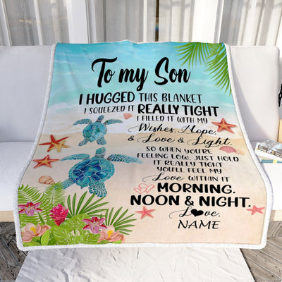 Personalized To My Son Blanket From Mom Dad Mother I Hugged This With Love Turtle Beach Son Birthday Graduation Christmas Customized Bed Fleece Blanket | teecentury