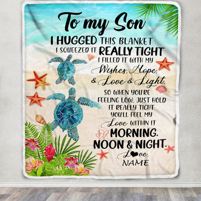 Personalized To My Son Blanket From Mom Dad Mother I Hugged This With Love Turtle Beach Son Birthday Graduation Christmas Customized Bed Fleece Blanket | teecentury