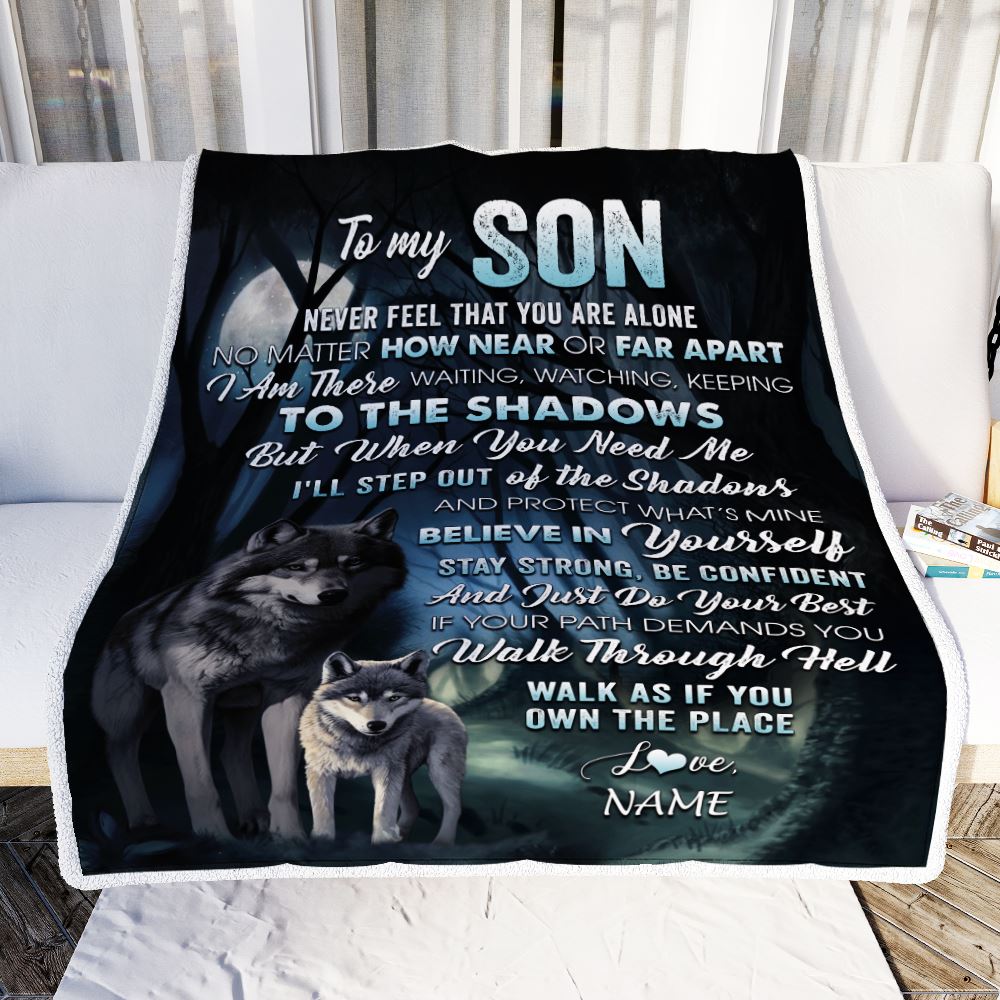 Personalized To My Son Blanket From Mom Dad Mother Never Feel That You Are Alone Wolf Son Birthday Graduation Christmas Customized Gift Fleece Throw Blanket | teecentury