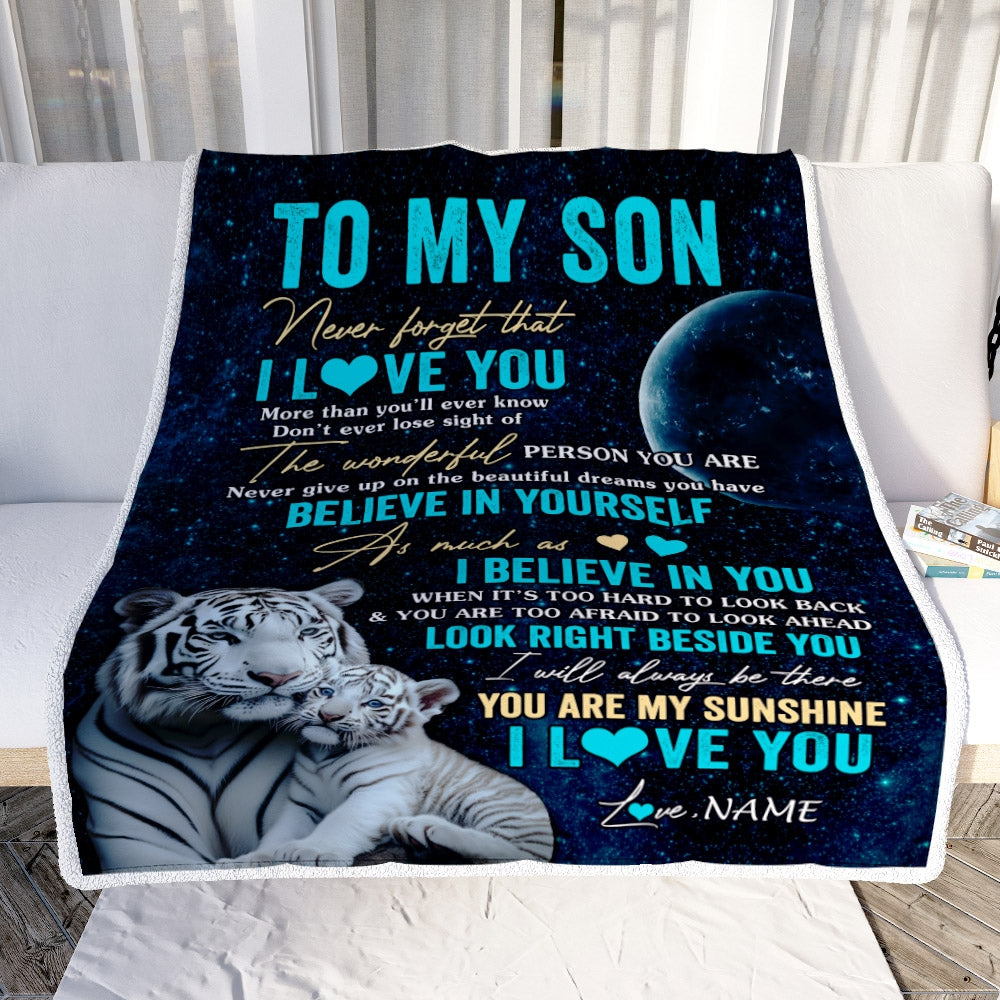 Personalized To My Son Blanket From Mom Dad Mother Never Forget I Love You White Tiger Son Birthday Graduation Christmas Customized Bed Fleece Throw Blanket | teecentury
