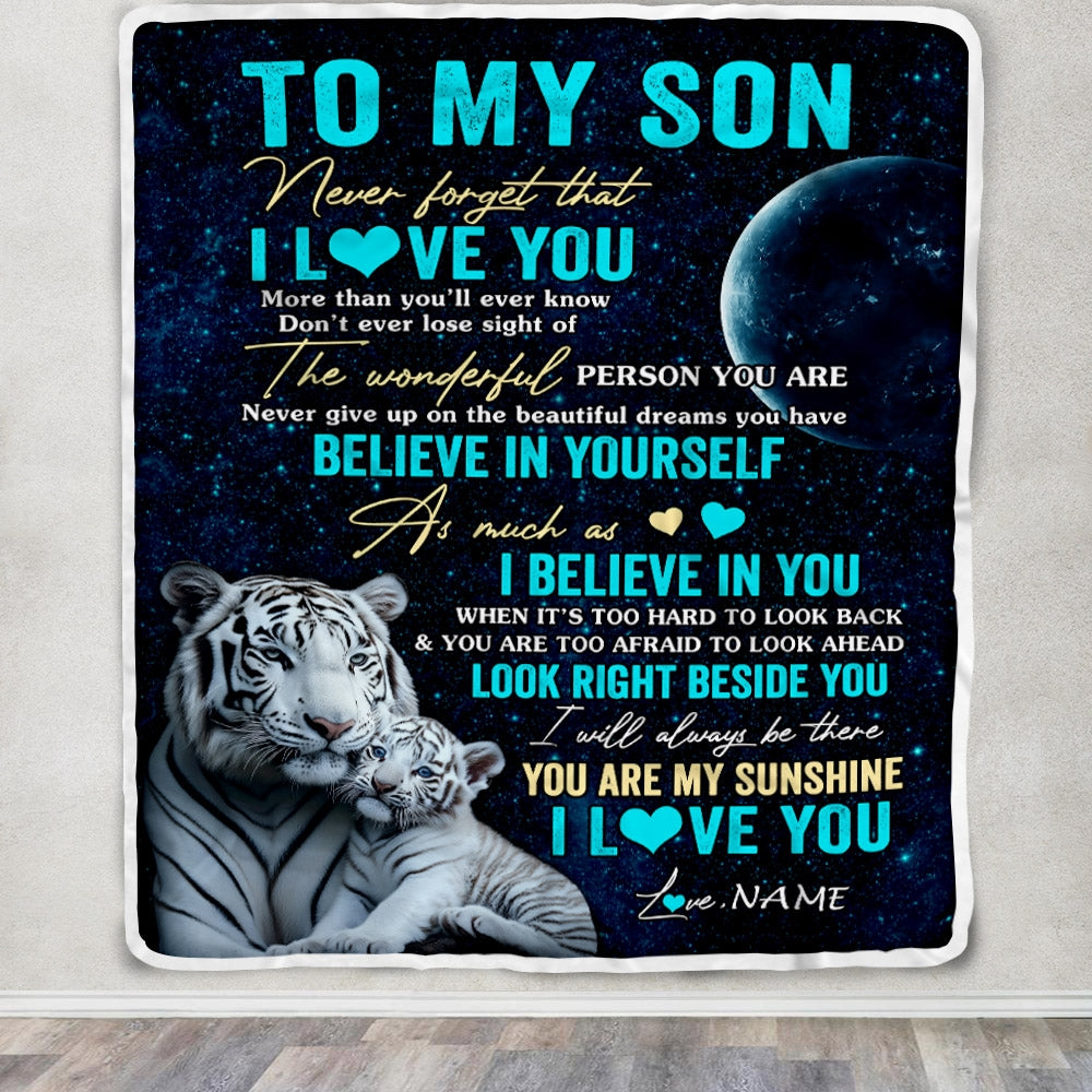 Personalized To My Son Blanket From Mom Dad Mother Never Forget I Love You White Tiger Son Birthday Graduation Christmas Customized Bed Fleece Throw Blanket | teecentury