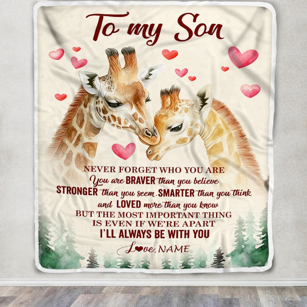 Personalized To My Son Blanket From Mom Dad Mother Never Forget Who Are You Giraffe Son Birthday Graduation Christmas Customized Fleece Throw Blanket | teecentury