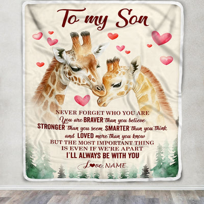 Personalized To My Son Blanket From Mom Dad Mother Never Forget Who Are You Giraffe Son Birthday Graduation Christmas Customized Fleece Throw Blanket | teecentury