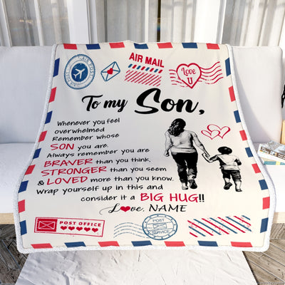 Personalized To My Son Blanket From Mom Mother Braver Stronger Loved Airmail Son Birthday Graduation Christmas Customized Bed Fleece Throw Blanket | teecentury