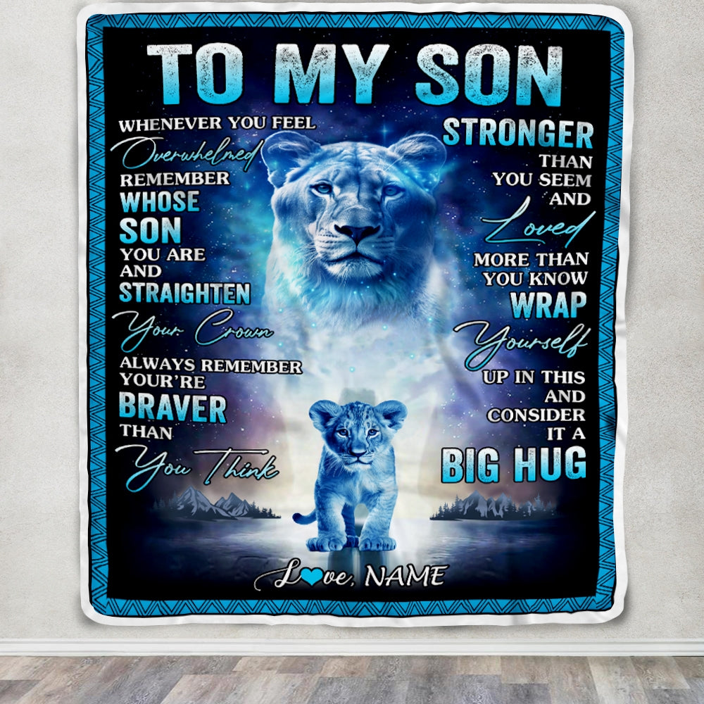 Personalized To My Son Blanket From Mom Mother Lion I Love You It A Big Hug Letter To My Son Birthday Graduation Christmas Customized Fleece Throw Blanket Blanket | Teecentury.com
