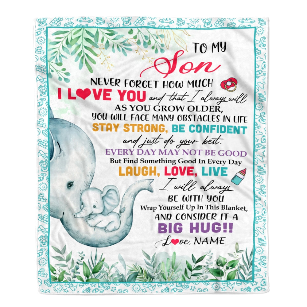 Personalized To My Son Blanket From Mom Mother Never Forget I Love You Elephant Baby Boy Son Birthday Christmas Customized Bed Fleece Throw Blanket | teecentury