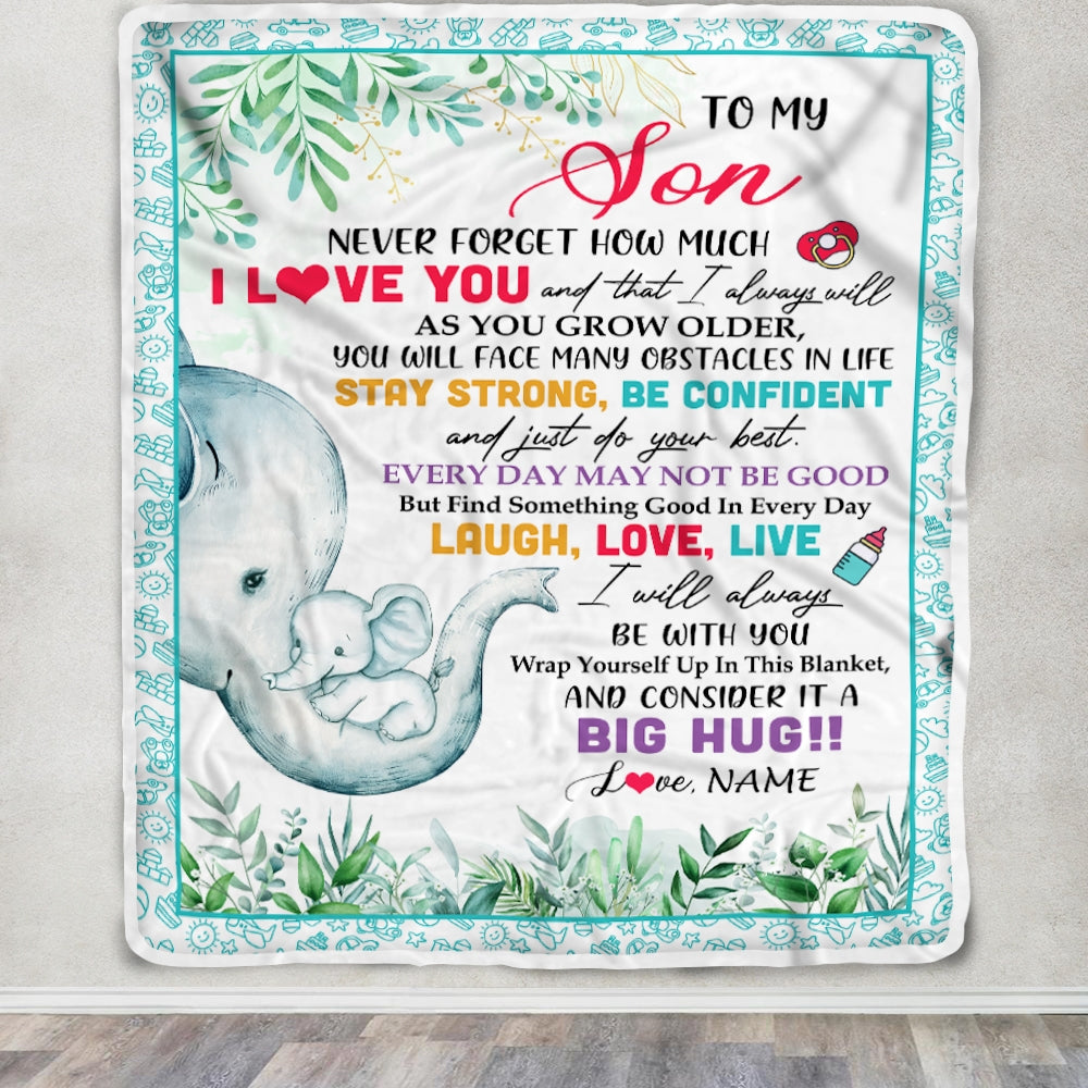 Personalized To My Son Blanket From Mom Mother Never Forget I Love You Elephant Baby Boy Son Birthday Christmas Customized Bed Fleece Throw Blanket | teecentury
