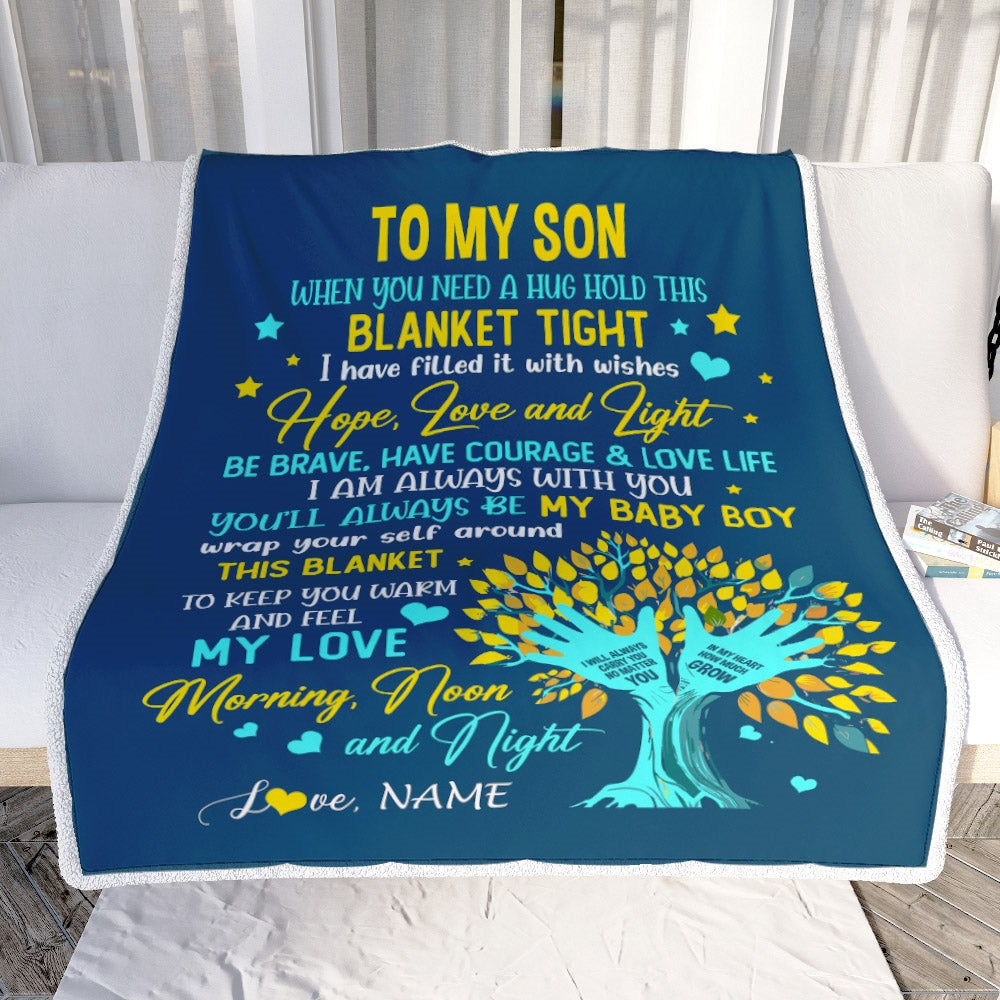 Personalized To My Son Blanket From Mom Mother When You Need A Hug Baby Boy Son Birthday Graduation Christmas Customized Bed Fleece Throw Blanket | teecentury