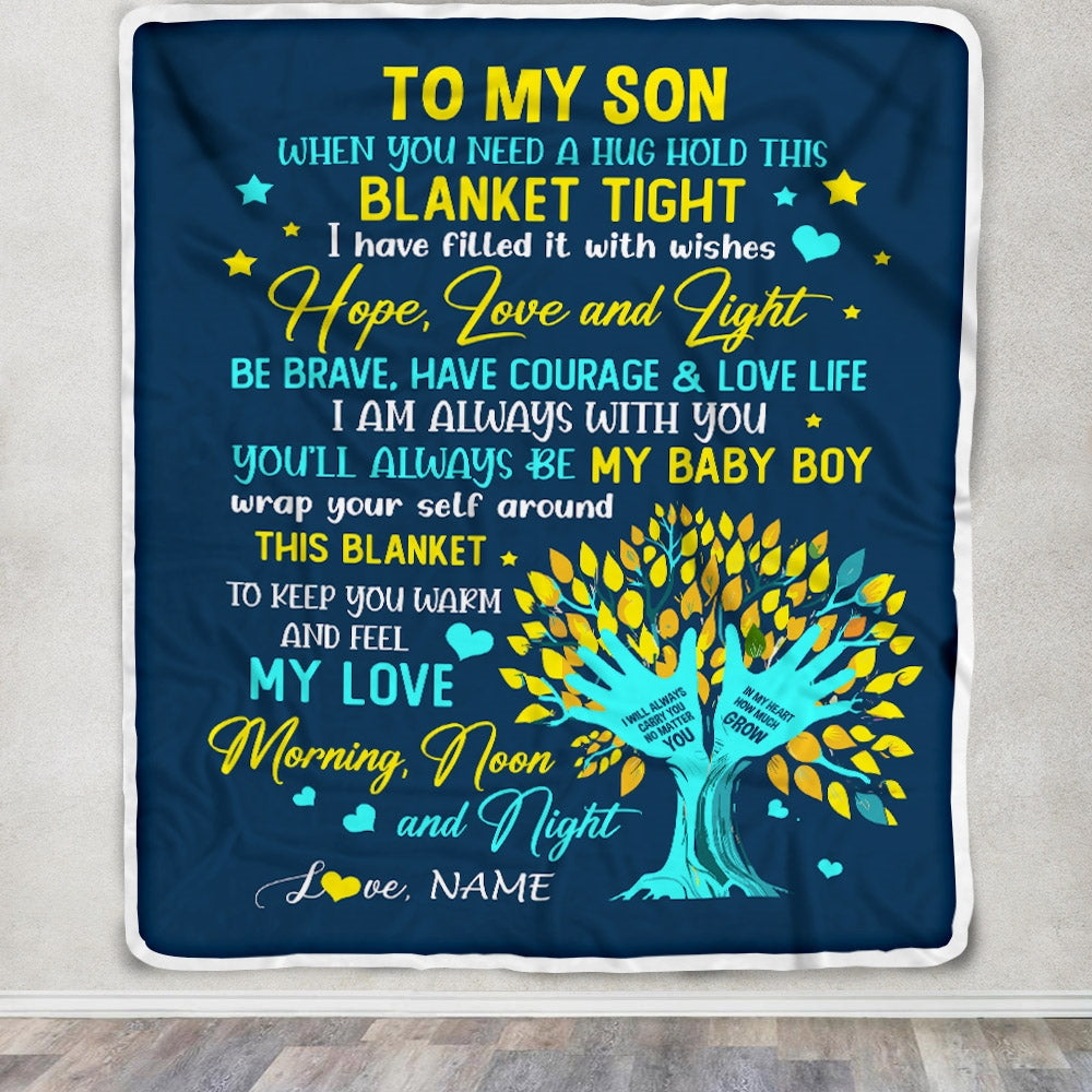 Personalized To My Son Blanket From Mom Mother When You Need A Hug Baby Boy Son Birthday Graduation Christmas Customized Bed Fleece Throw Blanket | teecentury
