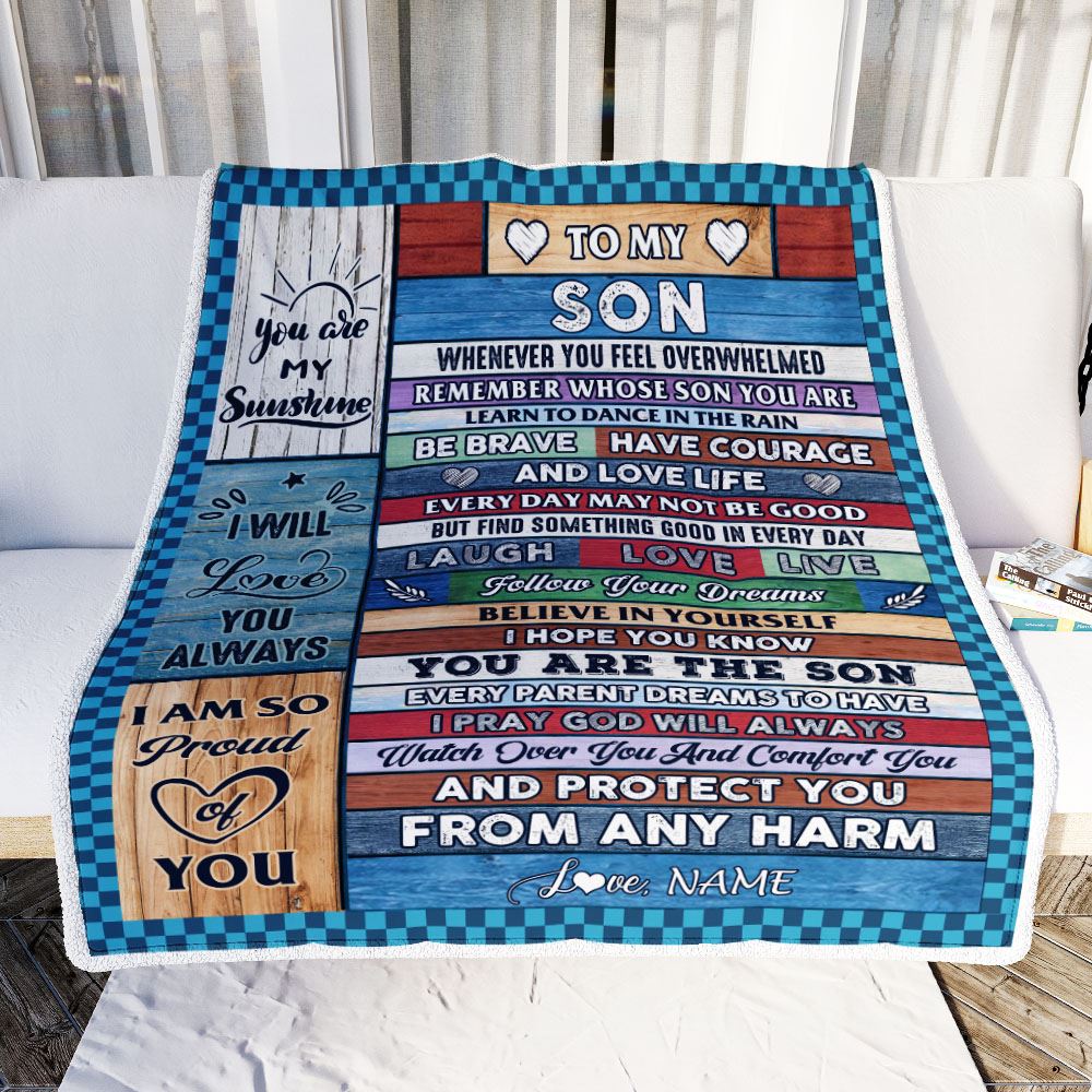 Personalized To My Son Blanket From Mom Mother Wood Whenever You Feel Overwhelmed Son Birthday Wedding Graduation Christmas Customized Fleece Blanket | teecentury