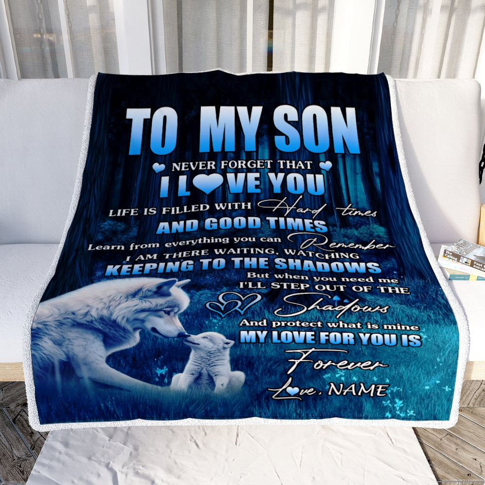 Personalized To My Son Blanket From Mom Wolf Never Forget That I Love You Moon Dark Forest Family Son Birthday Christmas Customized Fleece Blanket Blanket | Teecentury.com