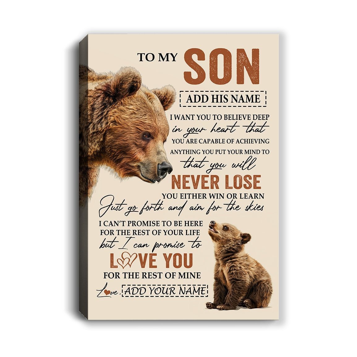 Personalized To My Son Canvas From Mom Dad Father You Will Never Lose Bear Son Birthday Gifts Graduation Christmas Custom Wall Art Print Framed Canvas | teecentury