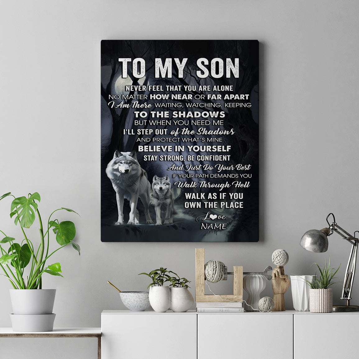 Personalized To My Son Canvas From Mom Dad Mother Father Never Feel That You Are Alone Wolf Son Birthday Gifts Graduation Christmas Custom Wall Art Print Framed Canvas | teecentury