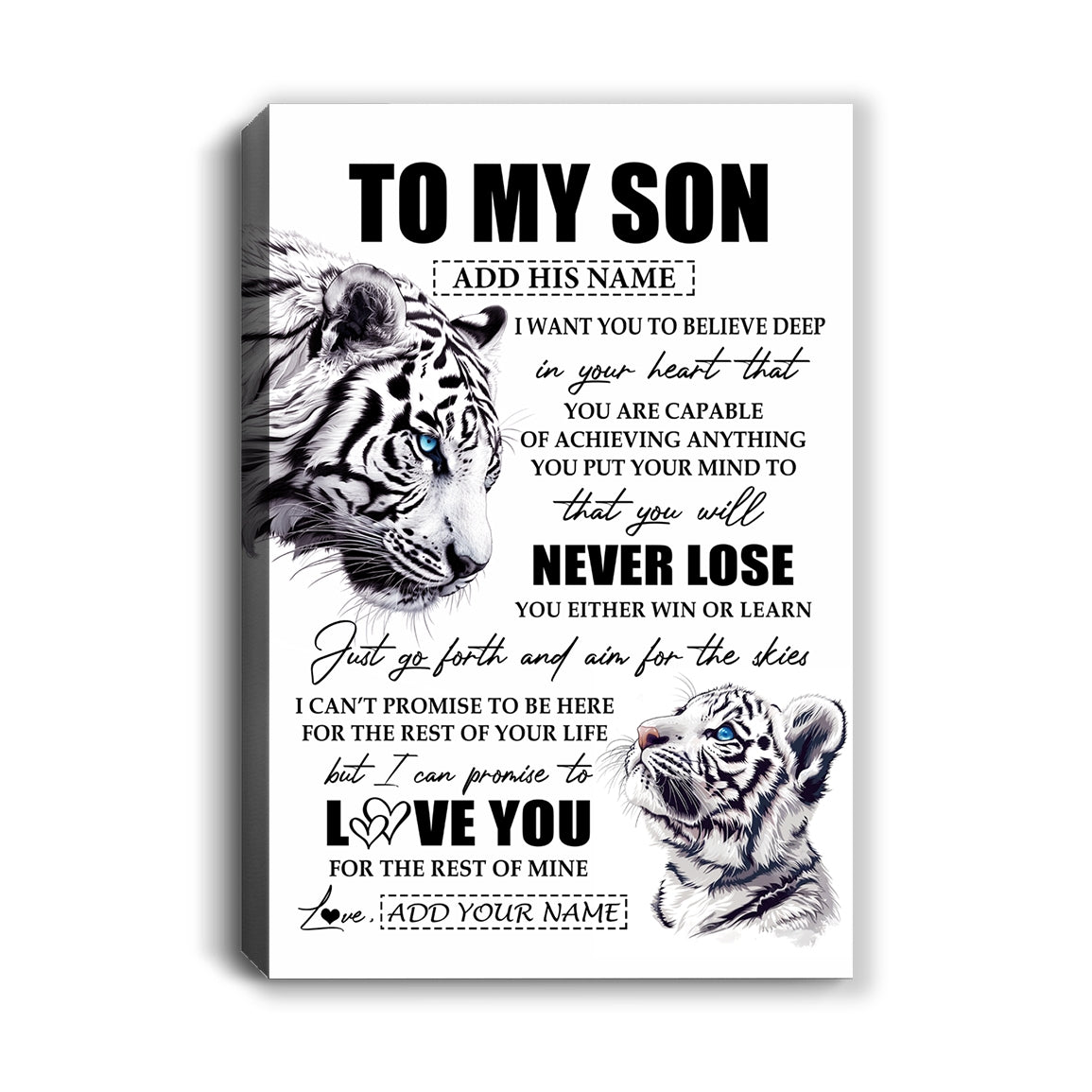 Personalized To My Son Canvas From Mom Dad Mother You Will Never Lose White Tiger Son Birthday Gifts Graduation Christmas Custom Wall Art Print Framed Canvas | teecentury
