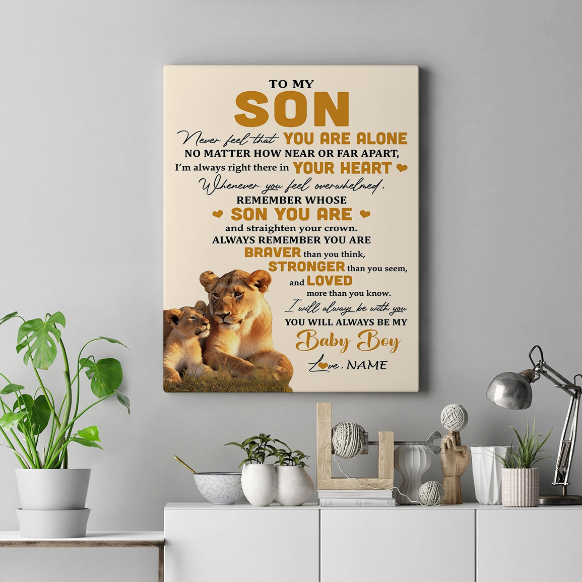 Personalized To My Son Canvas From Mom Mother Lion Never Feel That You Are Alone Great Son Birthday Gifts Graduation Christmas Custom Wall Art Print Framed Canvas | teecentury