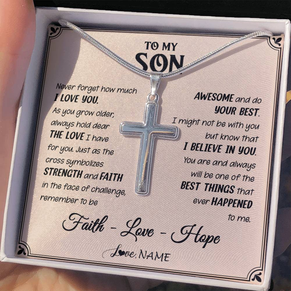 Stainless Cross Necklace Stainless Steel | 2 | Personalized To My Son Cross Necklace From Mom Dad Strength And Faith Son Birthday Gifts Christmas New Year Graduation Customized Gift Box Message Card | teecentury