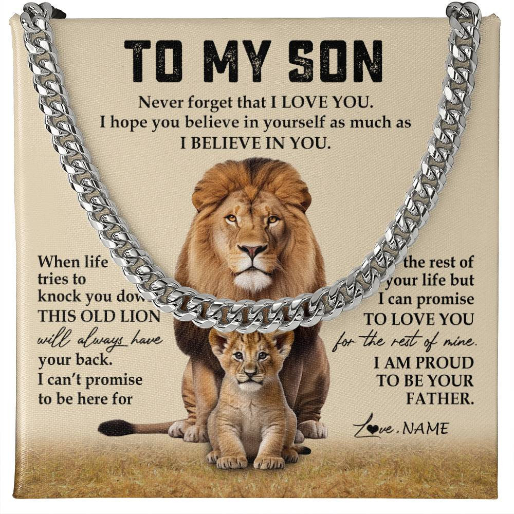 Cuban Link Chain Necklace Stainless Steel | 1 | Personalized To My Son Cuban Necklace From Dad Father Never Forget That I Love You Lion Son Birthday Graduation Christmas Customized Gift Box Message Card | teecentury