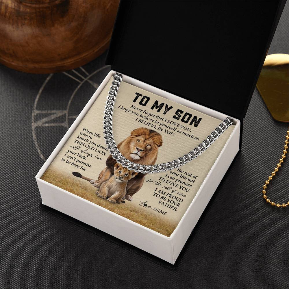 Cuban Link Chain Necklace Stainless Steel | 2 | Personalized To My Son Cuban Necklace From Dad Father Never Forget That I Love You Lion Son Birthday Graduation Christmas Customized Gift Box Message Card | teecentury