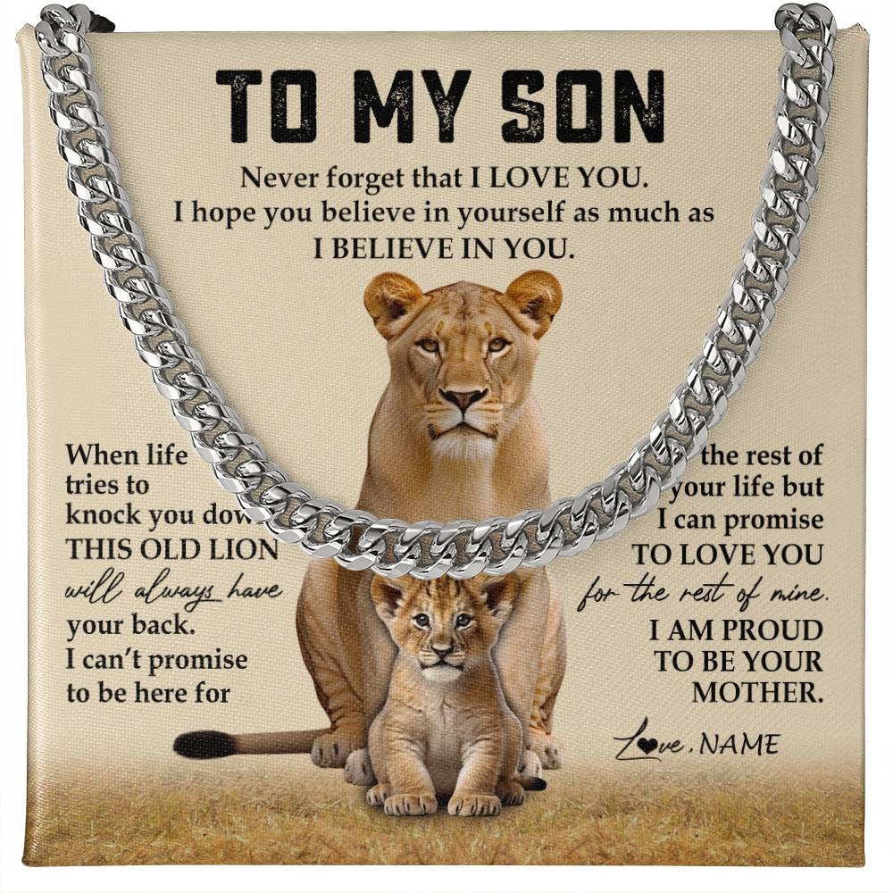 Cuban Link Chain Necklace Stainless Steel | 1 | Personalized To My Son Cuban Necklace From Mom Fahter Never Forget That I Love You Lion Son Birthday Graduation Christmas Customized Gift Box Message Card | teecentury
