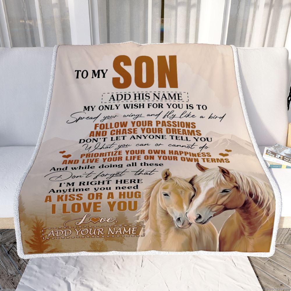 Personalized To My Son Gifts Blanket From Mom Dad Mother Father Horse My Only Wish For You Son Birthday Gifts Graduation Christmas Fleece Throw Blanket | teecentury