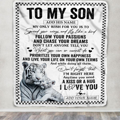 Personalized To My Son Gifts Blanket From Mom Dad Mother Father White Tiger My Only Wish For You Son Birthday Gifts Graduation Christmas Fleece Throw Blanket | teecentury