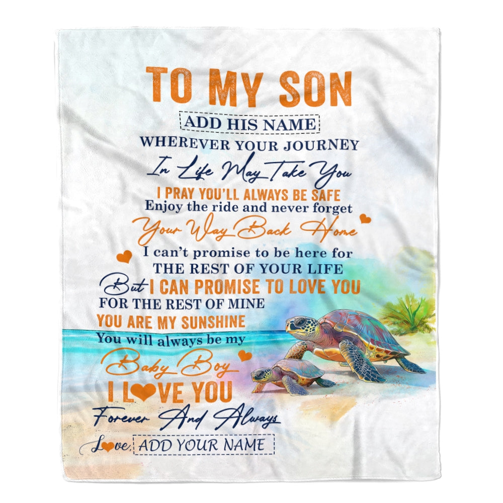 Personalized To My Son Gifts Blanket From Mom Dad Mother Wherever Your Journey In Life Turtle Son Birthday Gifts Graduation Customized Fleece Throw Blanket | teecentury