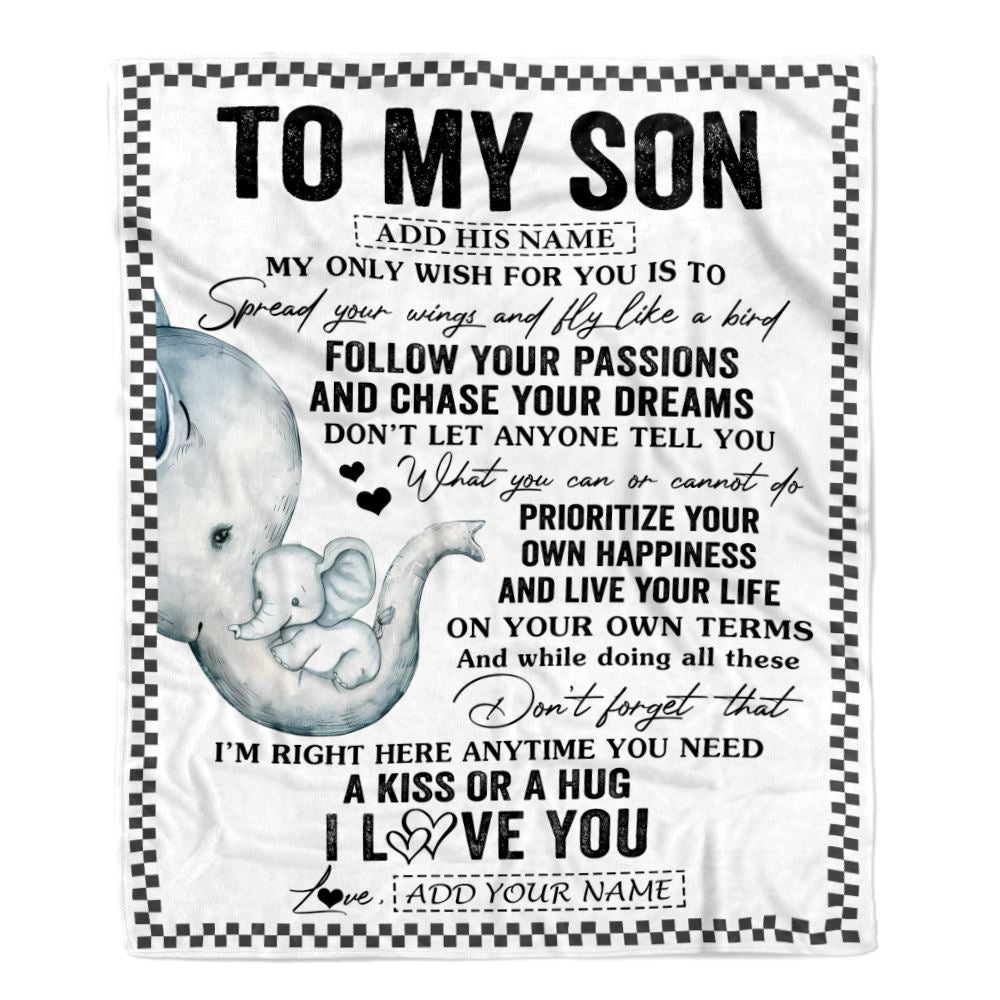 Personalized To My Son Gifts Blanket From Mom Mother Elephant My Only Wish For You Son Birthday Gifts Graduation Christmas Customized Fleece Throw Blanket | teecentury