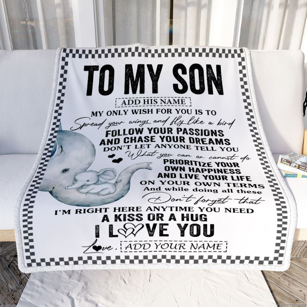 Personalized To My Son Gifts Blanket From Mom Mother Elephant My Only Wish For You Son Birthday Gifts Graduation Christmas Customized Fleece Throw Blanket | teecentury
