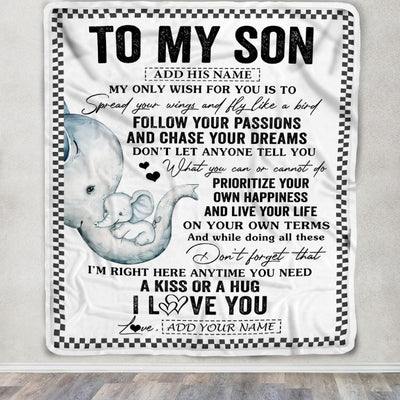 Personalized To My Son Gifts Blanket From Mom Mother Elephant My Only Wish For You Son Birthday Gifts Graduation Christmas Customized Fleece Throw Blanket | teecentury