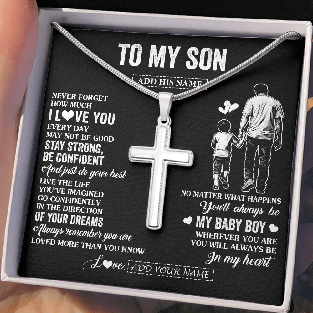 Stainless Cross Necklace Stainless Steel | 2 | Personalized To My Son Gifts From Dad Father Necklace Never Forget How Much I Love You Son Birthday Graduation Christmas Custom Gift Box Message Card | https://teecentury.