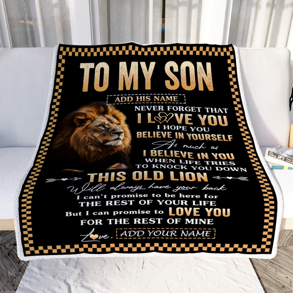 Personalized To My Son Gifts From Dad Mother Mom Father Blanket Old Lion Love You Son Birthday Gifts Graduation Christmas Customized Fleece Throw Blanket | teecentury