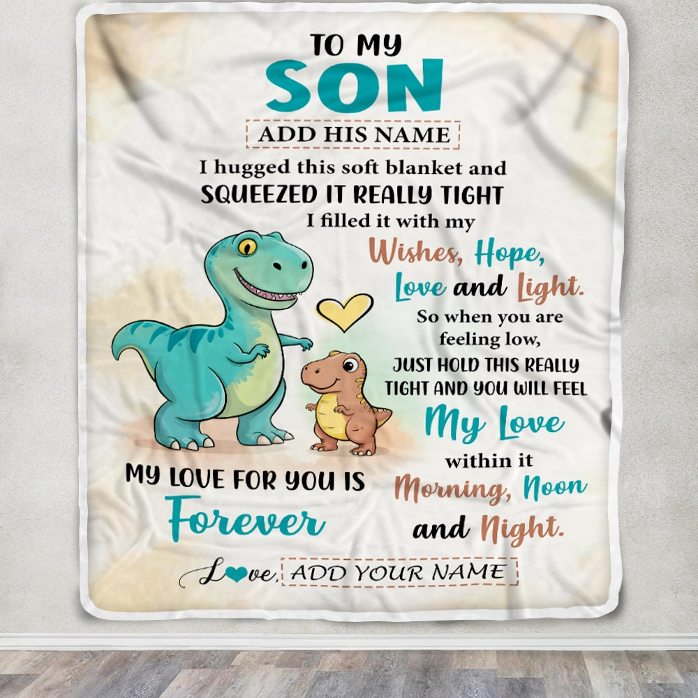 Personalized To My Son Gifts From Mom Dad Blanket Dinosaur Letter I Hugged This Gifts For Son Birthday Graduation Christmas Fleece Blanket | teecentury