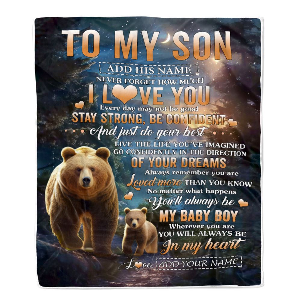 Personalized To My Son Gifts From Mom Dad Mother Father Blanket Bear Never Forget How Much I Love You Son Birthday Graduation Christmas Fleece Throw Blanket | teecentury