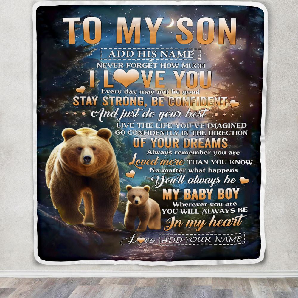 Personalized To My Son Gifts From Mom Dad Mother Father Blanket Bear Never Forget How Much I Love You Son Birthday Graduation Christmas Fleece Throw Blanket | teecentury