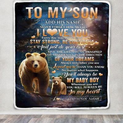Personalized To My Son Gifts From Mom Dad Mother Father Blanket Bear Never Forget How Much I Love You Son Birthday Graduation Christmas Fleece Throw Blanket | teecentury