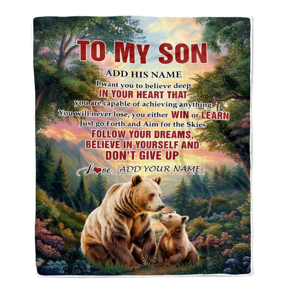 Personalized To My Son Gifts From Mom Dad Mother Father Blanket Don't Give Up Bear Gifts For Son Birthday Graduation Christmas Customized Fleece Throw Blanket | teecentury