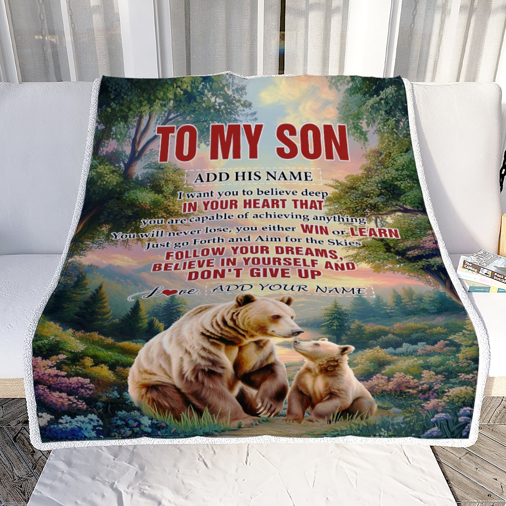 Personalized To My Son Gifts From Mom Dad Mother Father Blanket Don't Give Up Bear Gifts For Son Birthday Graduation Christmas Customized Fleece Throw Blanket | teecentury