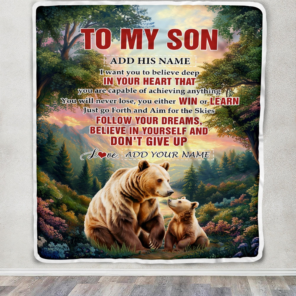 Personalized To My Son Gifts From Mom Dad Mother Father Blanket Don't Give Up Bear Gifts For Son Birthday Graduation Christmas Customized Fleece Throw Blanket | teecentury