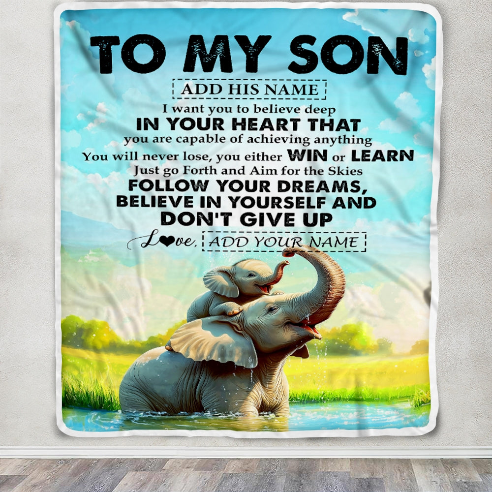 Personalized To My Son Gifts From Mom Dad Mother Father Blanket Don't Give Up Elephant Gifts For Son Birthday Graduation Christmas Custom Fleece Blanket | teecentury
