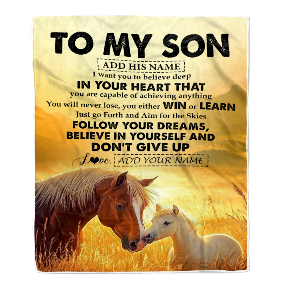 Personalized To My Son Gifts From Mom Dad Mother Father Blanket Don't Give Up Horse Gifts For Son Birthday Graduation Christmas Customized Fleece Blanket | teecentury