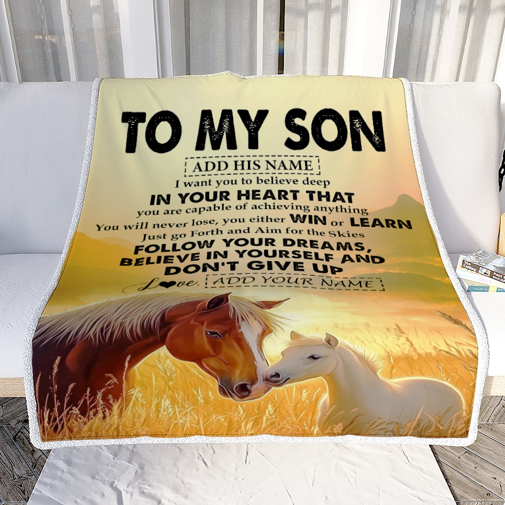 Personalized To My Son Gifts From Mom Dad Mother Father Blanket Don't Give Up Horse Gifts For Son Birthday Graduation Christmas Customized Fleece Blanket | teecentury