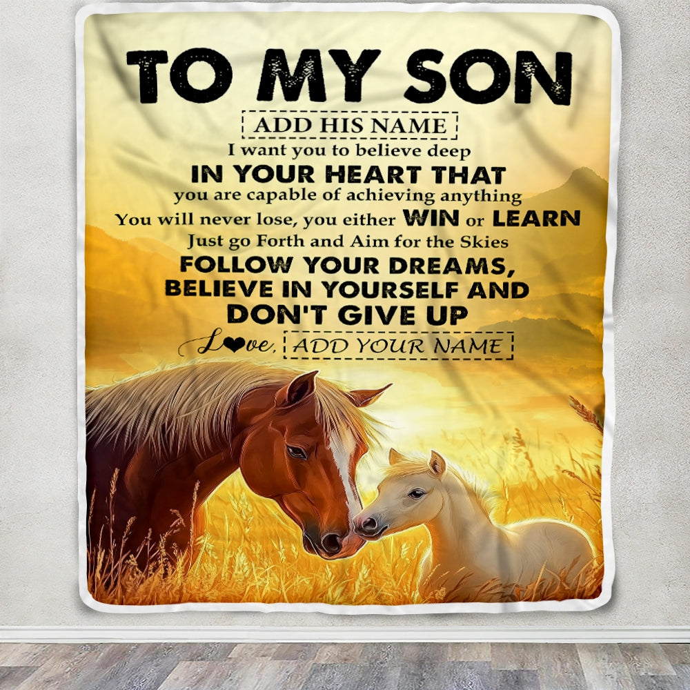 Personalized To My Son Gifts From Mom Dad Mother Father Blanket Don't Give Up Horse Gifts For Son Birthday Graduation Christmas Customized Fleece Blanket | teecentury