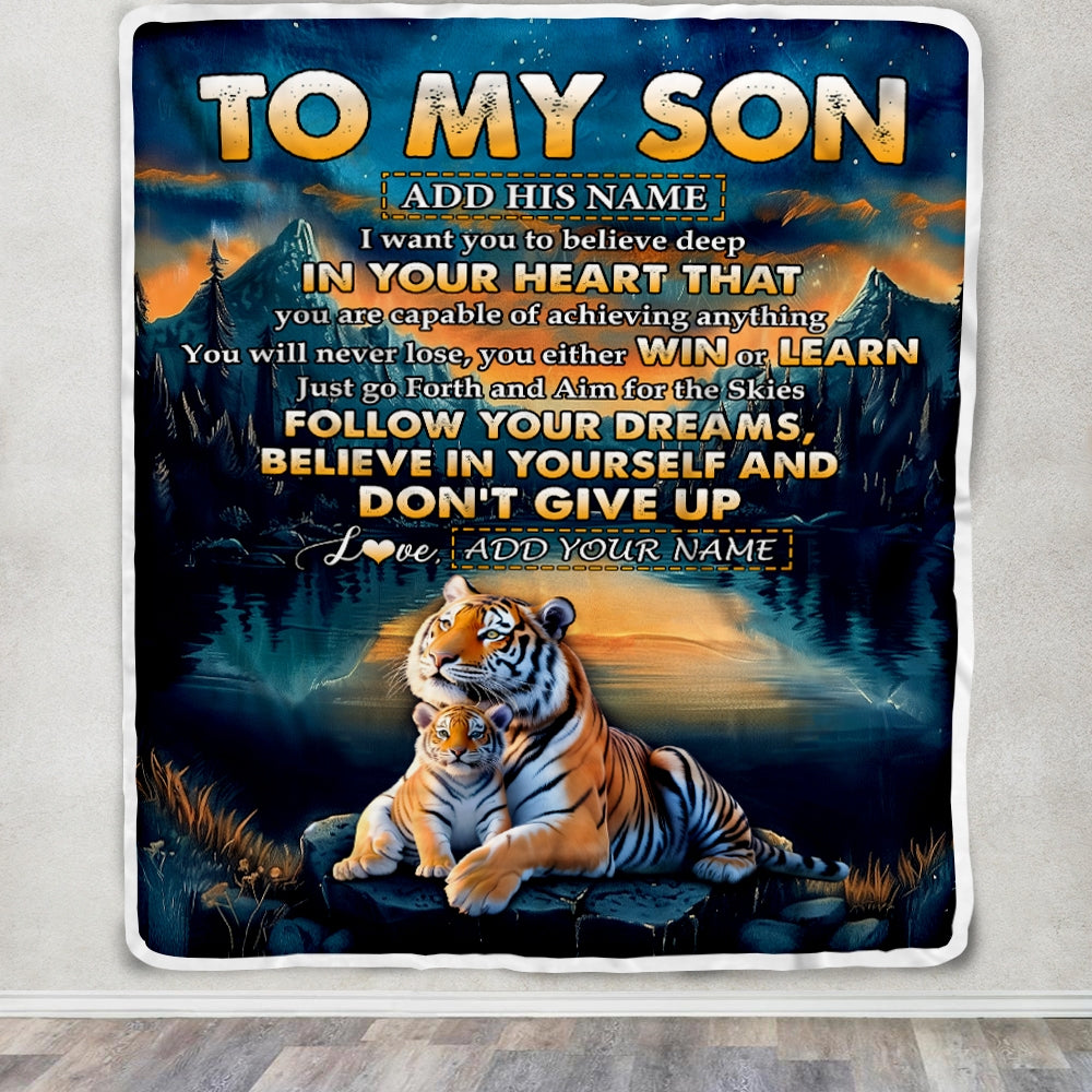 Personalized To My Son Gifts From Mom Dad Mother Father Blanket Don't Give Up Tiger Gifts For Son Birthday Graduation Christmas Customized Fleece Blanket | teecentury