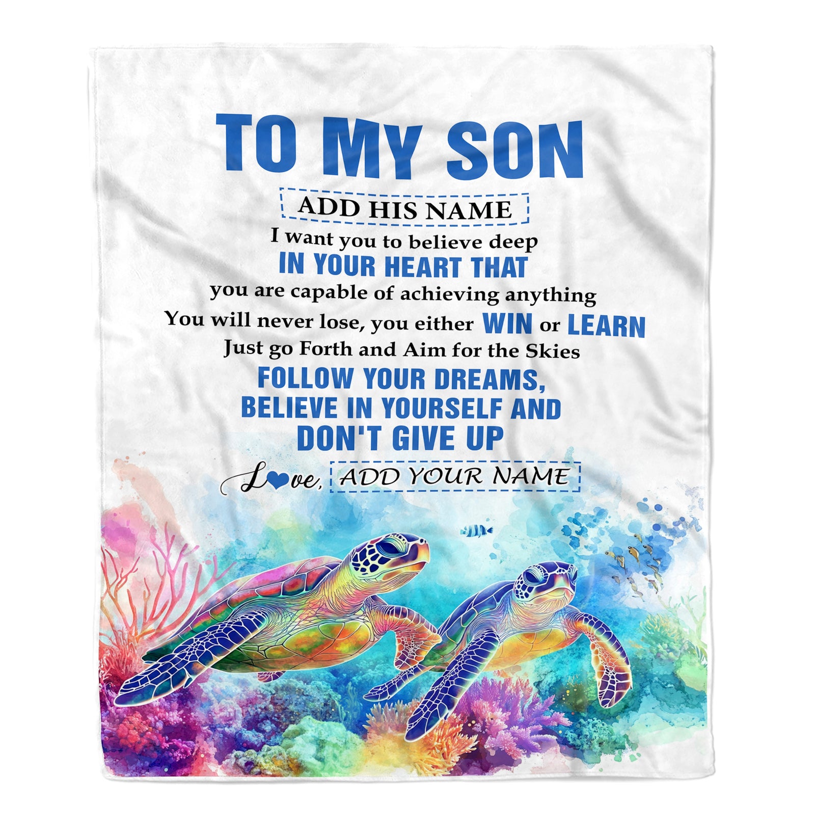 Personalized To My Son Gifts From Mom Dad Mother Father Blanket Don't Give Up Turtle Gifts For Son Birthday Graduation Christmas Customized Fleece Blanket | teecentury