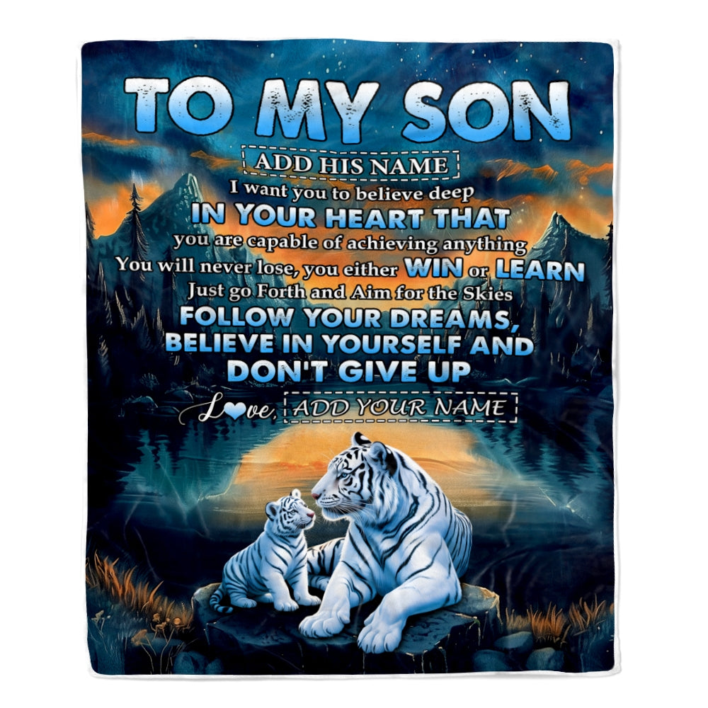Personalized To My Son Gifts From Mom Dad Mother Father Blanket Don't Give Up White Tiger Gifts For Son Birthday Graduation Christmas Custom Fleece Blanket | teecentury
